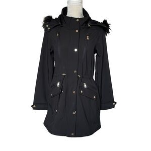 Steve Madden Women’s Black Parka Anorak Hooded Jacket Size M Faux Fur Trim